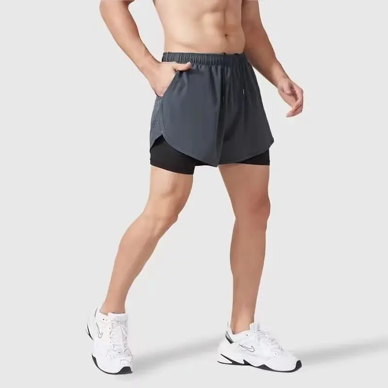 Schnell trocknende Laufsport-Shorts für Herren in Übergröße, lässige Outdoor-Strandhose, gefälschte zweiteilige Fitness-Mode, dreiteiliger Gürtel li Image