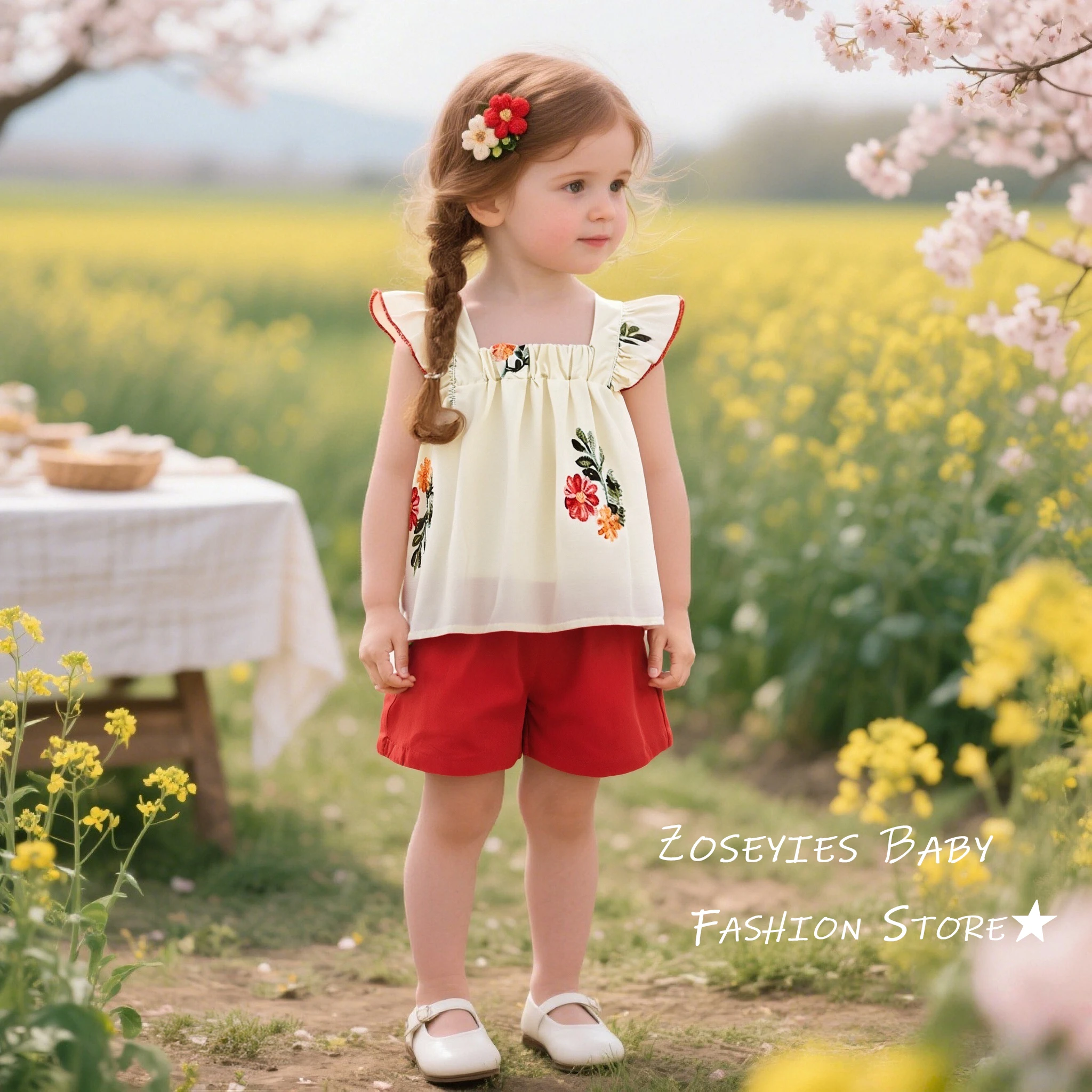 2 teil/satz Mädchen Set Sommer Floral Gesticktes Top Und Shorts Mädchen Kleidung Nette Baumwolle Strand Baby Set Image