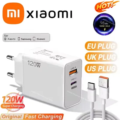 Xiaomi 120W Fast Charger Turbo EU/US/UK Wall Hypercharge Adapter 2 Ports USB Type C Cable For iPhone Redmi Plug Wall Adapter New