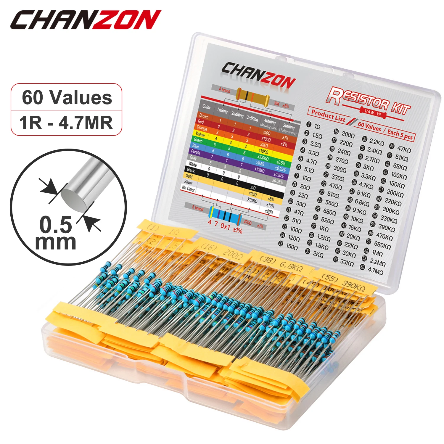 60 Werte 1/4 W 1 % Metallschichtwiderstände-Set, 300 Stück, 1 Ohm – 4,7 M Ohm, 1/4 Watt W, hochpräzises MF-Widerstandsset-Sortiment Image