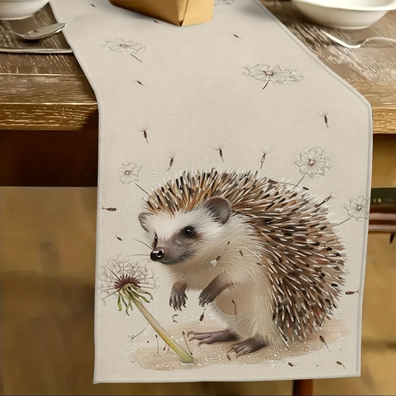 VIKAMA Igel-Tischläufer, moderner Stil, Löwenzahn- und Blumenmotive, langlebige Dekoration für Familien-Esszimmer und Hochzeiten Image