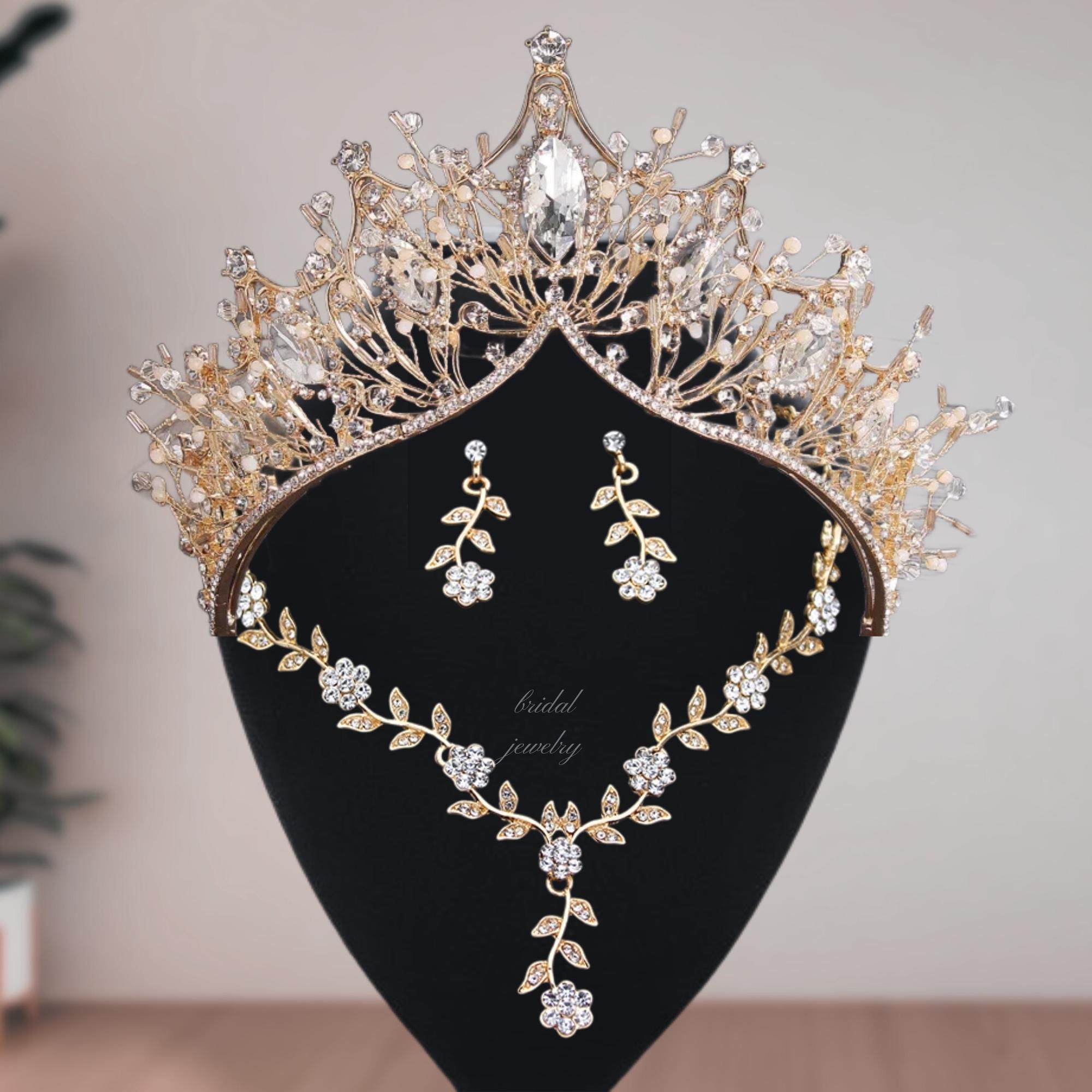 Set di tiara e corona da sposa, gioielli da matrimonio, collana, orecchini e tiara di cristallo in oro/argento, regalo per lei.