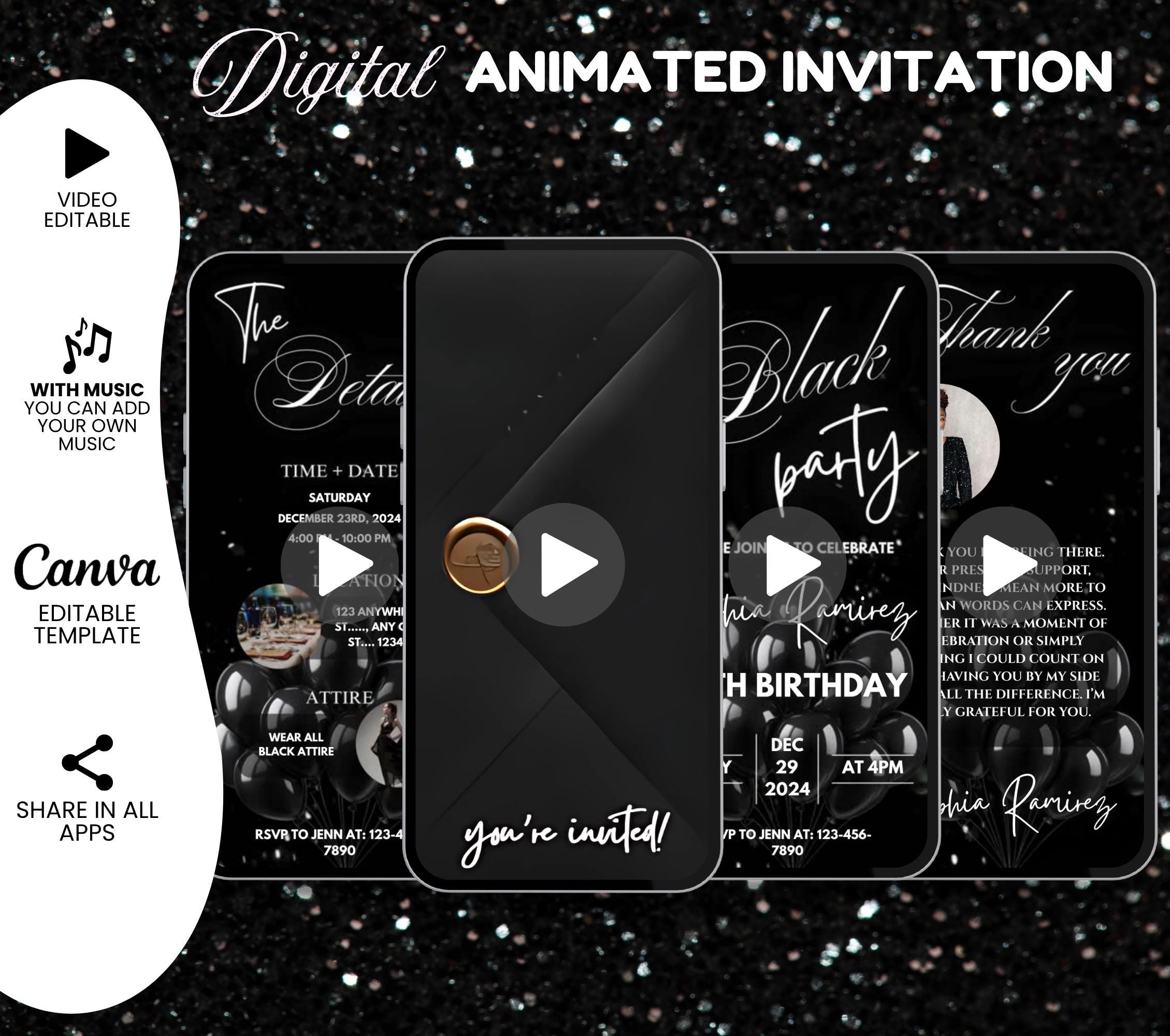 Invito digitale per la festa di compleanno All Black, cena di compleanno, brunch di compleanno, modello animato per la festa All Black, invito per abb