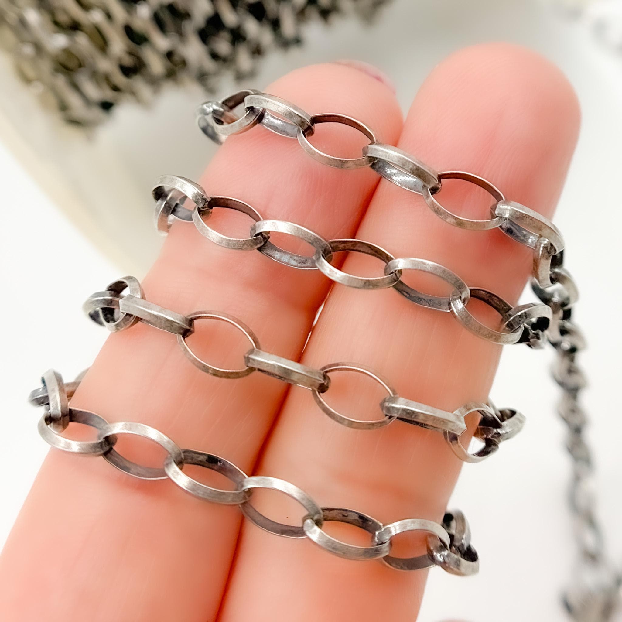 Catena a maglie marquise in argento 925 ossidato, 7 x 5 mm, catena a maglie ovali al metro, catena per collana a maglie lisce, catena per bracciale vi