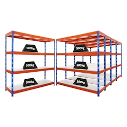 Proregal Mega Deal | 5x Profi Schwerlastregal Rhino | HxBxT 200x200x60cm | 4 Melamin-Ebenen 16mm | Fachlast 500kg | Blau-Orange Image