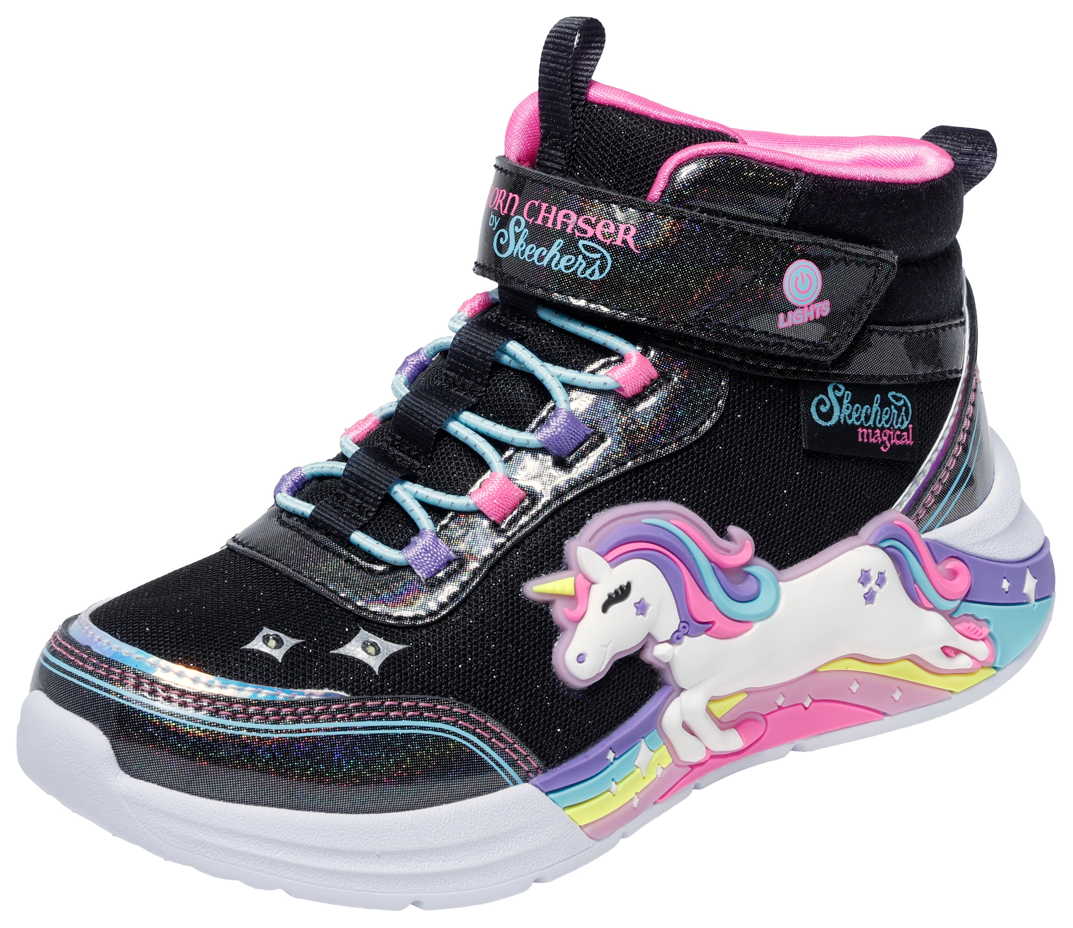 Sneaker SKECHERS "UNICORN CHASER", Kinder, Gr. 33, schwarz (schwarz, multi), Lederimitat, Textil, Glitzer, animal-print, kontrastfarbene Details, Casual, Schuhe, Boots mit Einhorn, Größenschablone zum Download Image