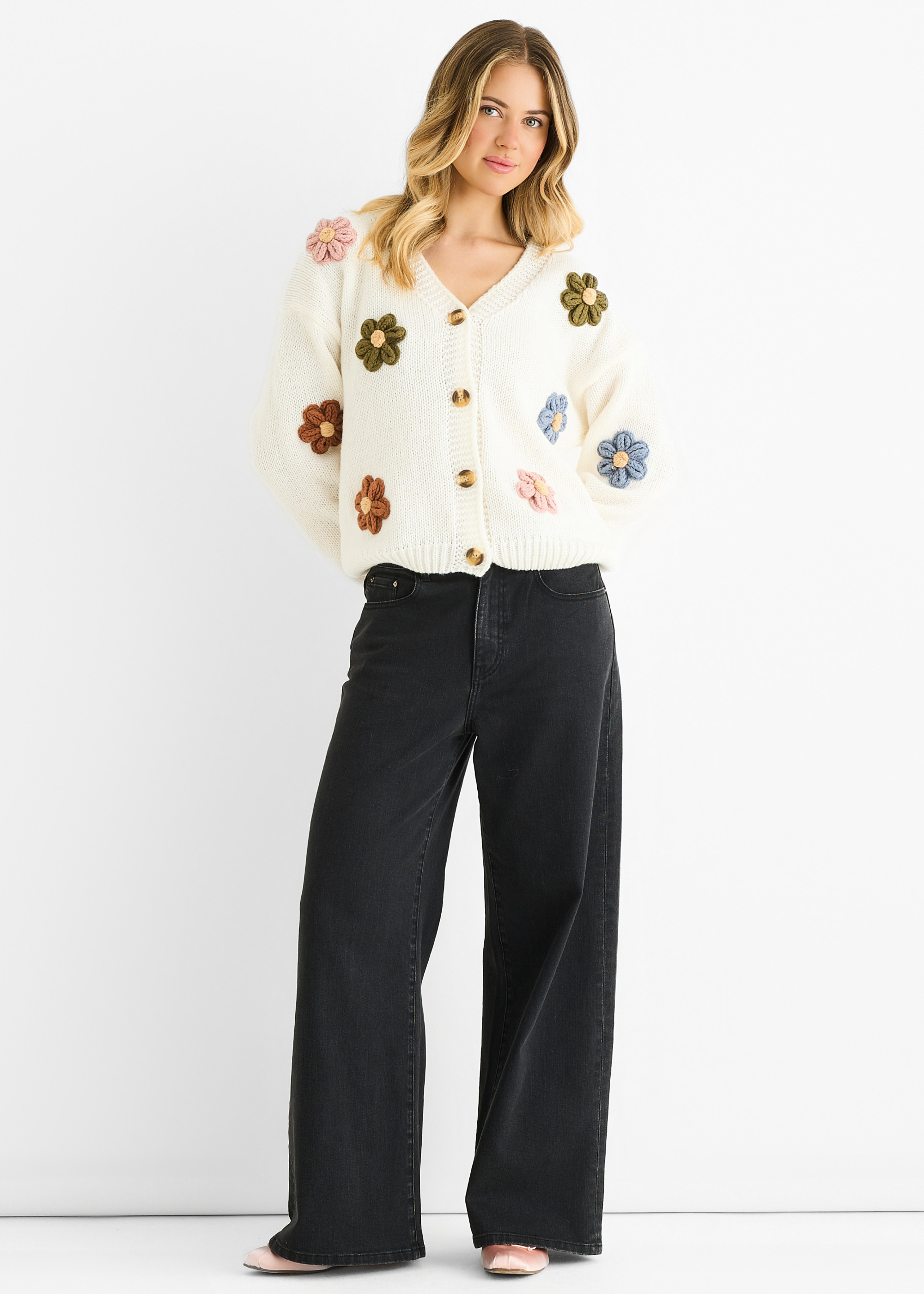 Creme 3D Kontrast Blüten Häkel-Cardigan Image