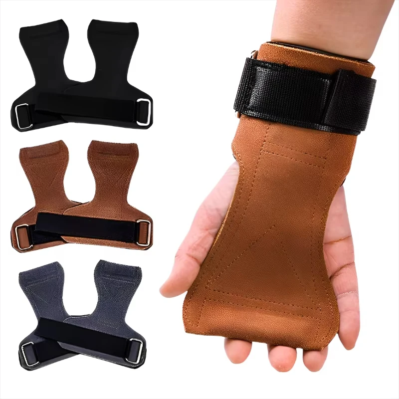 2Pcs Cowhide Gym Gloves Grips Anti-Skid Weight Power Belt Lifting Pads Deadlift Workout Fitness Palm Protection Training Guards
