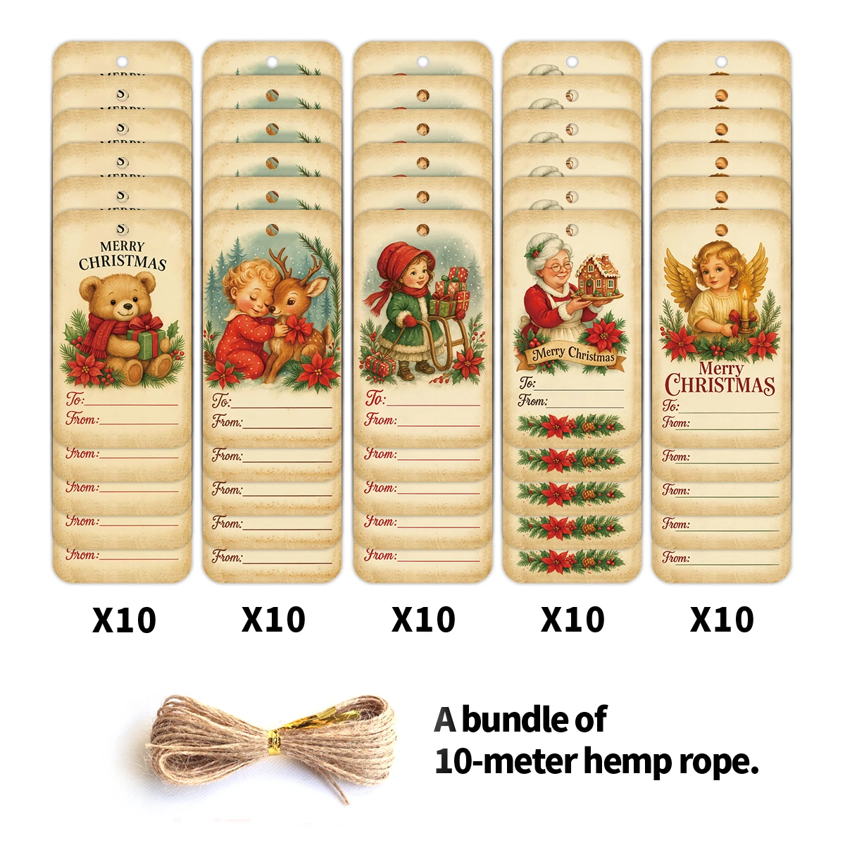 50 Stück Vintage-Weihnachtsgeschenkanhänger mit Hanfseil – Frohe Weihnachten bis ab leere Hängeetiketten, rustikale Dekoration für Geschenkverpackungsetiketten Image