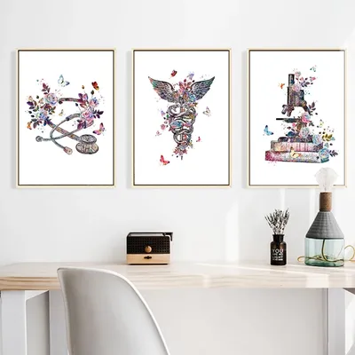 Physician Gift Medical Device Watercolor Art Painting Canvas Print Caduceus Stethoscope Microscope Poster Clinic Wall Art Decor