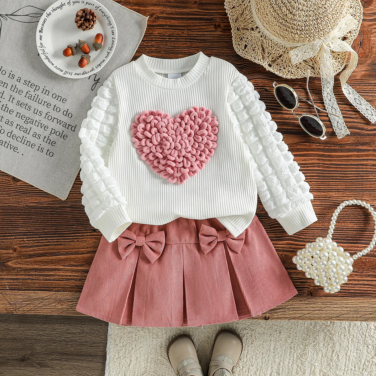 2PCS Kinder Frühling Herbst Neue Stil Für Kinder Mädchen 1-6Y Süße Blase Hülse Mit Herz Top + Kurzen Rock mit Bogen Kleidung Set Image