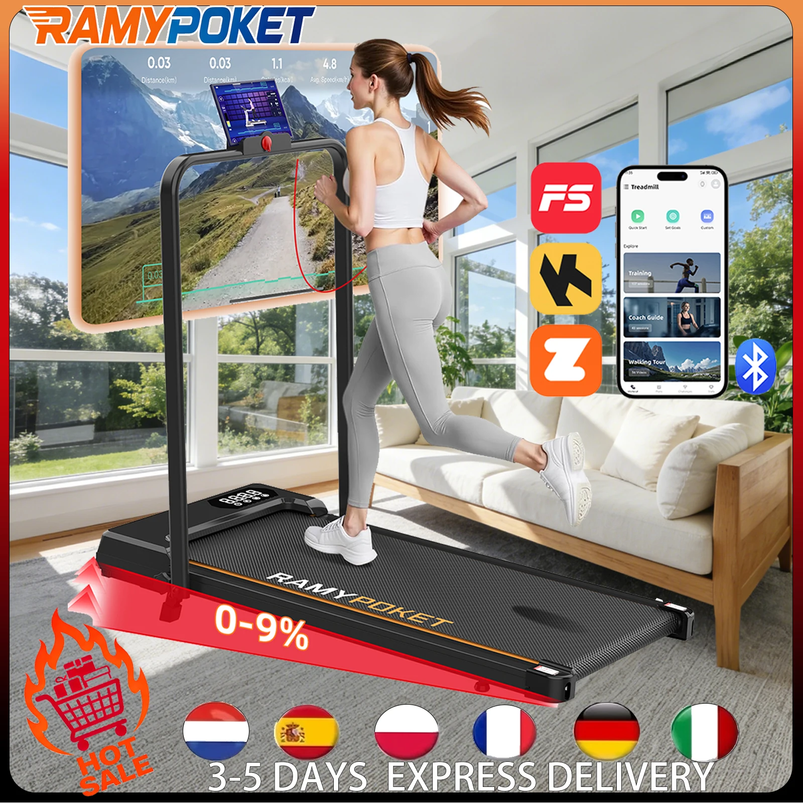 RAMYPOKET Elektrisches Laufband 2,5 PS, APP 1–10km/h faltbar Schrägband zum Laufen zu Hause 9 % Gehunterlage laufband für zuhause Übungsmaschine Image