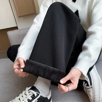 Autumn and Winter Fleece-lined Wide Leg Pants Women's High Waist Women's Leggings Thickened Straight Striped Casual Pants Fleece