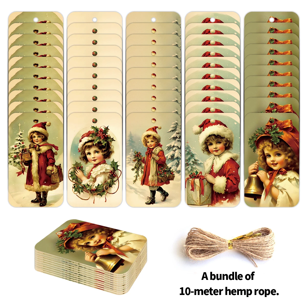 50pcs Vintage Christmas Hanging Gift Tags With Hemp Rope,For Xmas Presents,Holiday Decor,Labeling Gifts Packaging, Party Favors