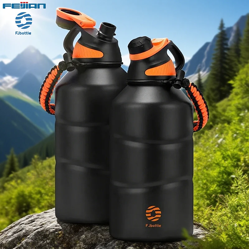 Fjbottle Thermo-Wasserflasche aus Edelstahl, 1,9 l, großes Fassungsvermögen, Isolierflasche mit Seil, hält kalte und heiße Sport-Thermoflasche Image