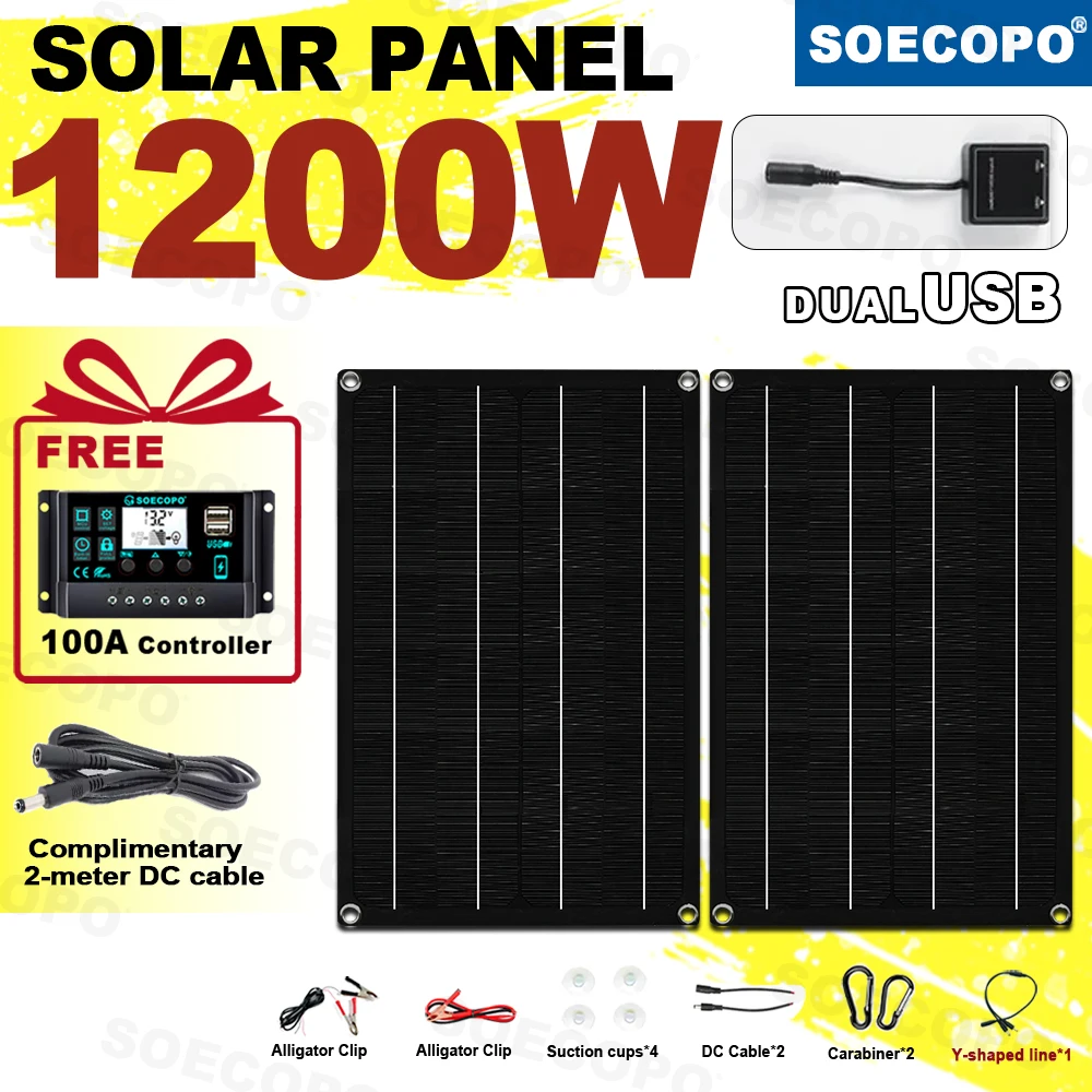 SOECOPO 1200 W Solarpanel-Set, 2 tragbare 12 V – 18 V Photovoltaik-Panels, kostenloser 100 A-Controller, USB 5 V, zum Aufladen von Campinggeräten Image