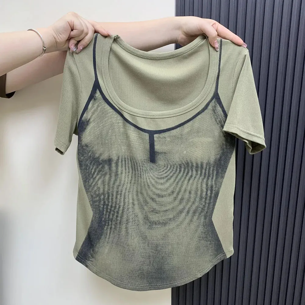 Women Sexy Square Neck T Shirts 2025 New Casual Letter Shott Sleeve Tops Soft Women
