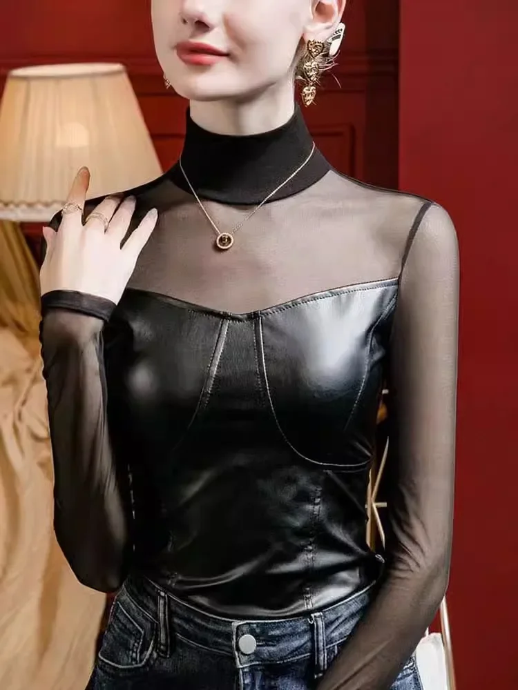 Korean Style High Collar Sexy Mesh Splicing PU Leather Long-Sleeved T-Shirt Women
