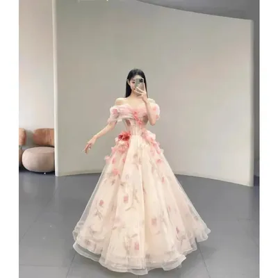 Korea Floral Off Shoulder Wedding Dresses Women Banquet Mori Bridal Travel Photography Evening Dresses Light Luxury Prom Dress