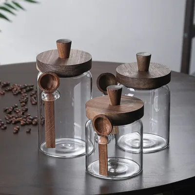 Set of 3 Glass Jars Containers with Wooden Lids Scoop Clear Canister Jars Set for Kitchen Food Coffee Bean Storage Bottle
