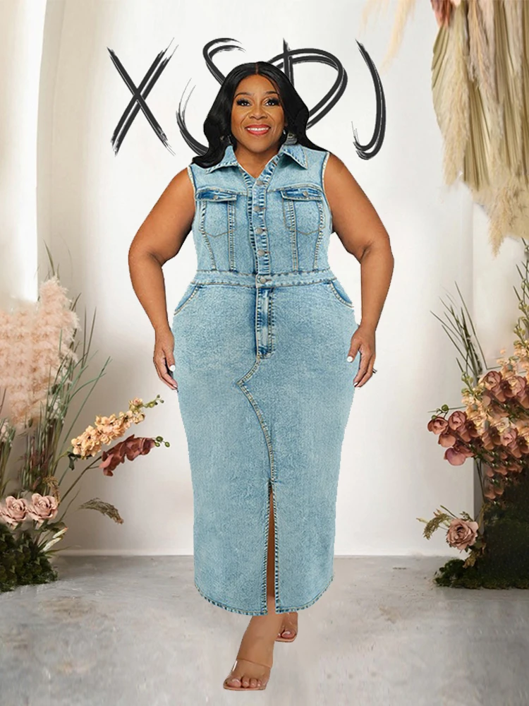 Elegantes Damen-Jeans kleid umdrehen Kragen knopf himmelblaues Kleid Damen plus Größe sexy und elegantes echtes Jeans-Sommerkleid