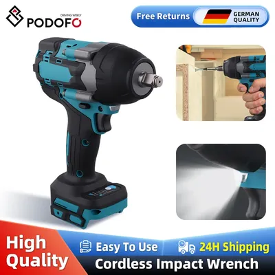 Podofo 1/2" Brushless Electric Impact Wrench 1800N.M Torque Removal Screw Nut Screwdriver Home Power Tool for Makita 18V Battery