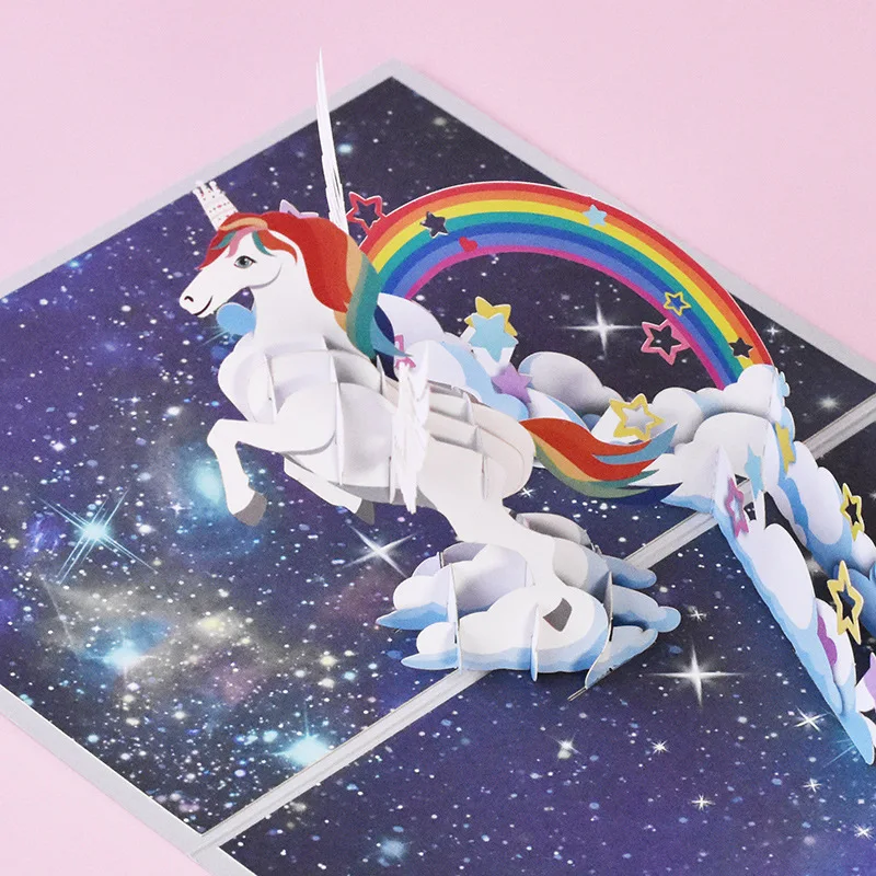 1 pcs Pop up style new 3D unicorn greeting card handmade paper carving universal animal cards gift