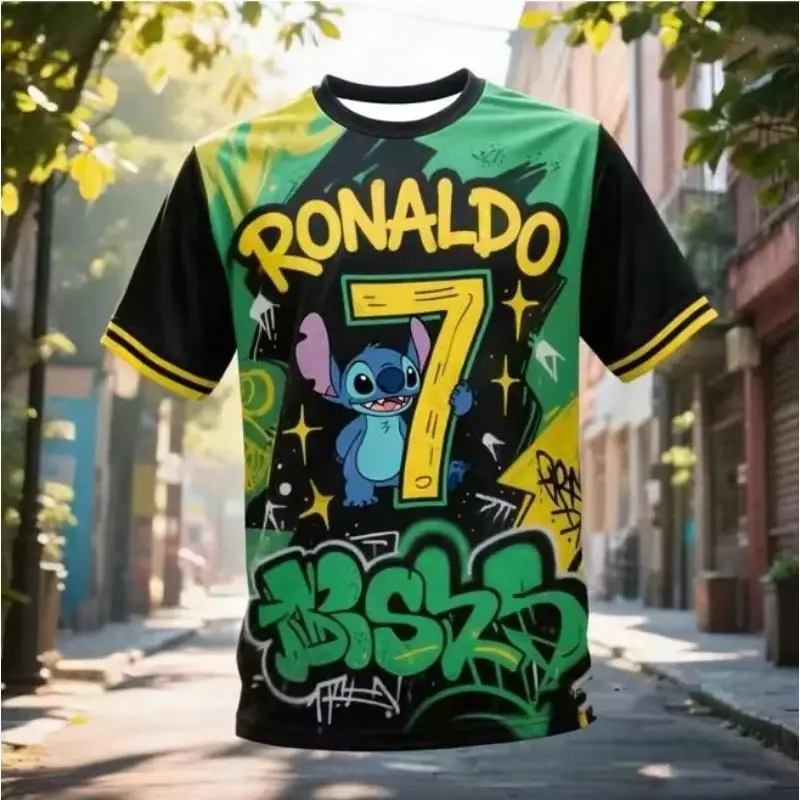 New Stitch & Ronaldo #7 Print Ai Design Football Jersey For Summer Short Sleeve Sports Quick Drying Tees Casual Kids/Adult Tops