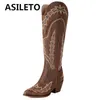 ASILETO Vintage Weibliche Heels 6 cm Sticken Größe 42 43 Täglich Kniehohe Bota Cowboy Stiefel Spitz Block Blume Casual heißer verkauf