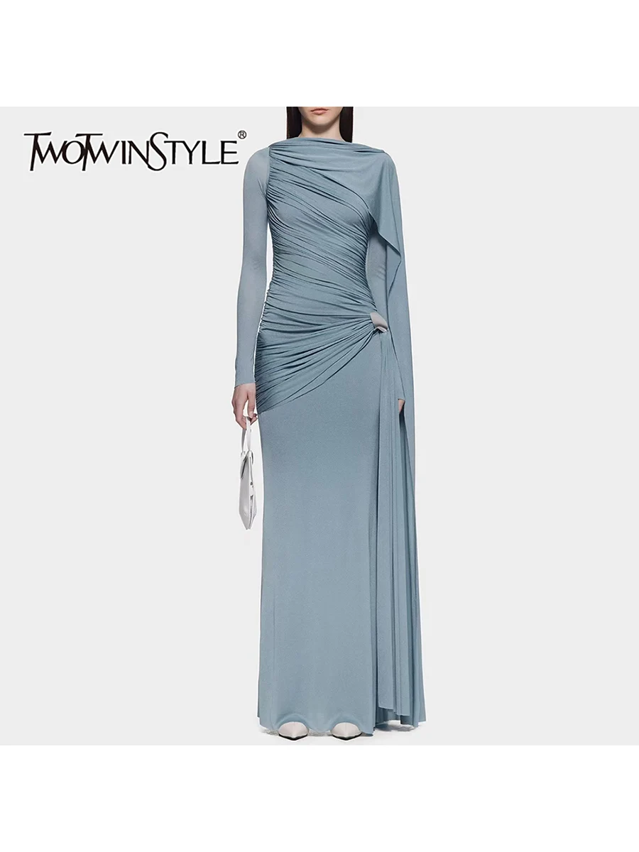 TWOTWINSTYLE Slimming Spliced Folds Temperament Dresses for Women Round Neck Long Sleeves Patchwork Ribbon Dress Female Clothing