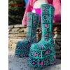 Bunte Plattform Gothic Kniehohe Stiefel Runde Zehen Keile Seitlicher Reißverschluss Damen Lange Stiefel Patchwork High Heels Spicy Mädchen Schuhe