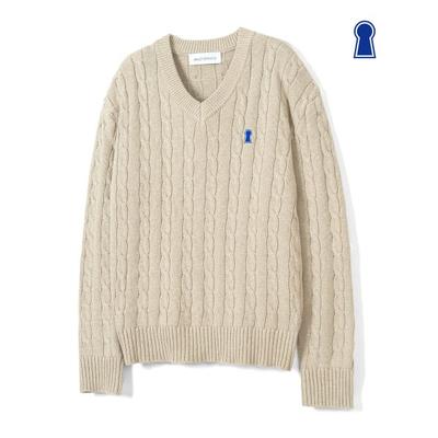 secondmonolgue Heavyweight keyhole cable V-neck knit oatmeal_SEKT010OATMEAL
