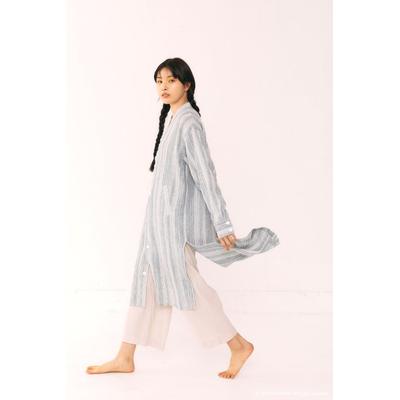 ahhorn Unisex Striped Linen Long Round Collar Robe