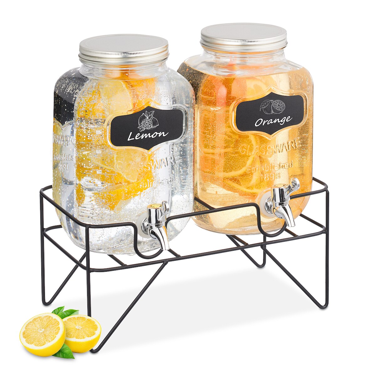 Relaxdays Getränkespender mit Ständer, 2 Limobehälter je 4L, Zapfhahn aus Kunststoff, Glas Wasserspender, transparent Image