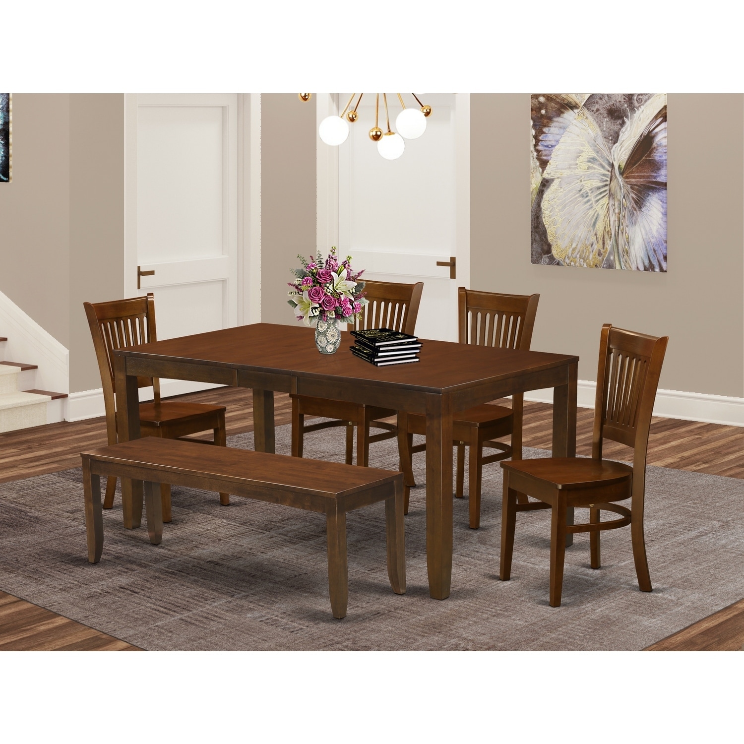Kitchen Dining Set 6 Piece - Table with Butterfly Leaf & 4 Chairs, Bench - Espresso Finish