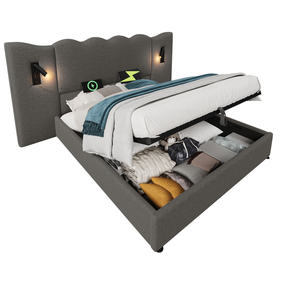 OKWISH Polsterbett 160x200 Leinen Wellen Kopfteil LED Leselampe USB-C Ladefunktion hydraulischer Stauraum Metallrahmen Massivholzlatten Grau Image