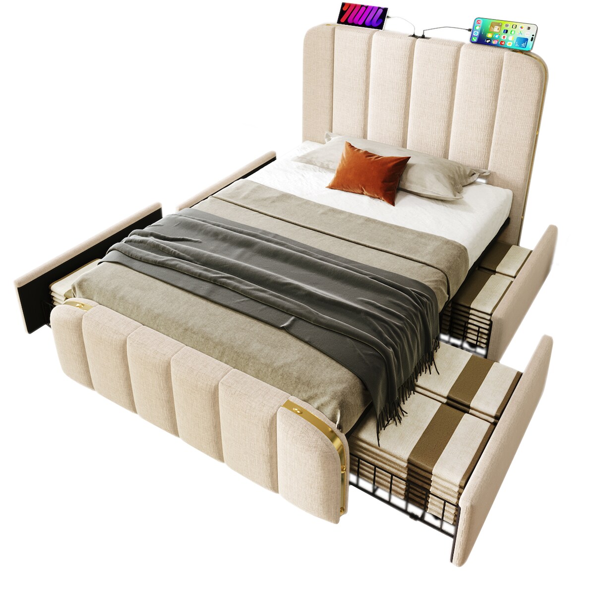 OKWISH Polsterbett 90×200 cm Beige Leinen mit USB Typ-C Ladefunktion, 4 Schubladen, gepolstertem Kopfteil und praktischem Stauraum Image
