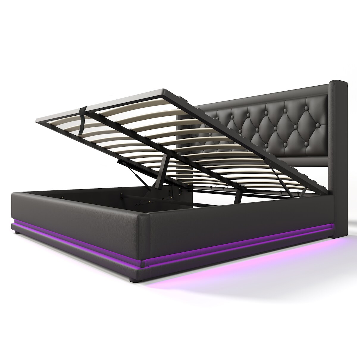 OKWISH Polsterbett 160×200 cm Schwarz PU mit hydraulischem Stauraum, gepolstertem Kopfteil, LED-Beleuchtung und USB-Ladefunktion für modernes Schlafzimmer Image