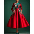 Robe de bal élégante pour femmes, imprimé Floral, col rond, taille mi-longue, robe de soirée, manches longues, robe mi-longue pour femmes