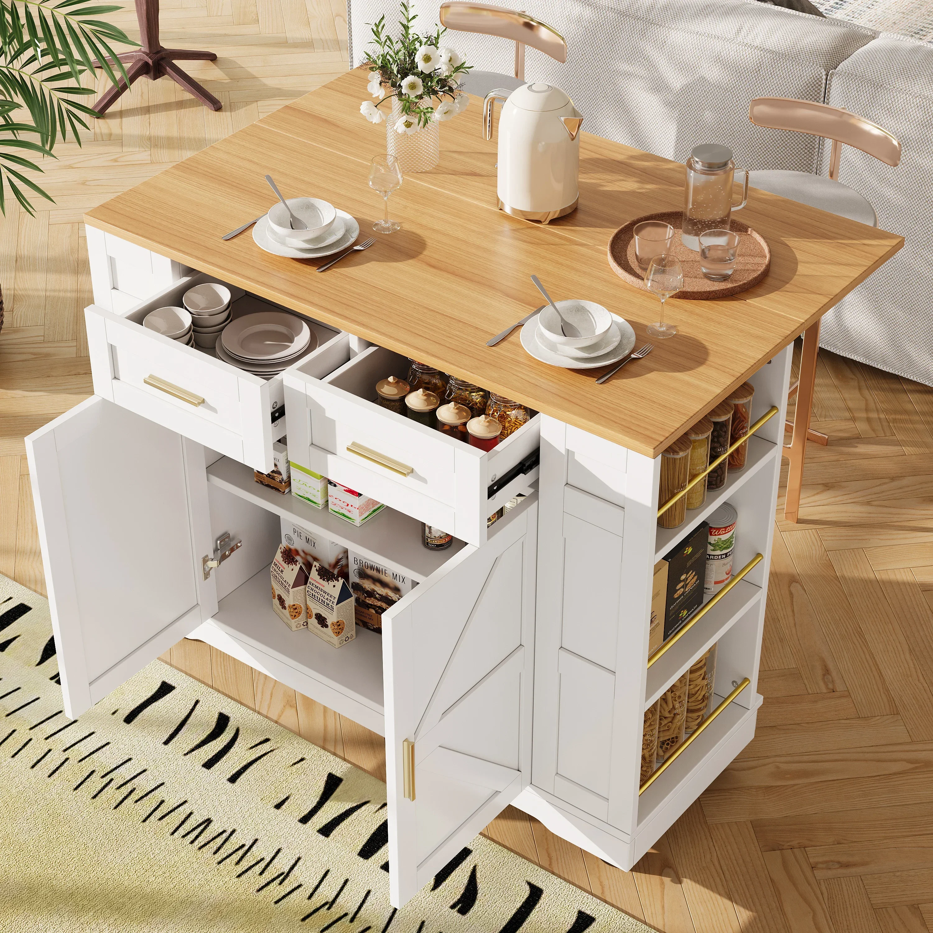 Armoire de cuisine moderne avec îlot, meuble de buffet, chariot à manger avec grain de bois, table à manger multifonctionnelle