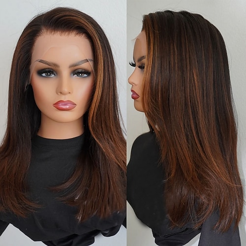 Echthaar 5x5 Verschluss 13x4 Spitzenfront Perücke Freier Scheitel Brasilianisches Haar Glatt Braun Perücke 150% 180% Haardichte mit Babyhaaren Hervorgehobenes / Balayage-Haar 100% Unbehandelt Image