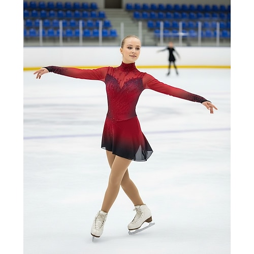 Eiskunstlaufkleid Damen Mädchen Eislaufen Kleid Rot Patchwork Offener Rücken Netzstoff Spandex Hohe Elastizität Training Wettbewerb Eiskunstlaufkleidung Klassisch Kristall / Strass Langarm Eislaufen Image