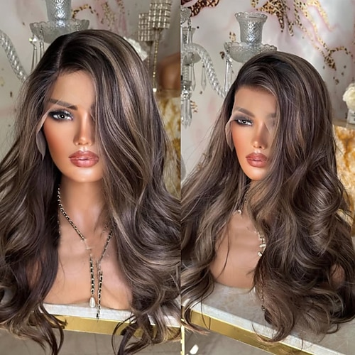 Remy Echthaar 5x5 Verschluss 13x4 Spitzenfront Perücke Freier Scheitel Brasilianisches Haar Gewellt Braun Perücke 150% 180% Haardichte mit Babyhaaren Hervorgehobenes / Balayage-Haar 100% Unbehandelt Image