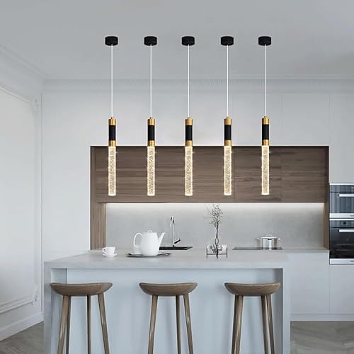 LED-Pendelleuchte, dimmbar, 34 cm, Kristall, moderne Kücheninsel-Leuchte, verstellbare Pendelleuchte für Kücheninsel, schwarz-goldener LED-Kronleuchter für Esszimmer, Schlafzimmer, Mini-Pendelstrahler Image