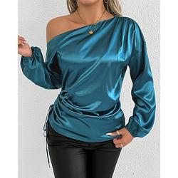 Damen Hemd Satinhemd Einfarbig Elegant Stilvoll Basic Langarm Schulterfrei Kalter Schulter-Ausschnitt Normale Oberteile Täglich Ausgehen Asymmetrisch Blau Frühling Herbst