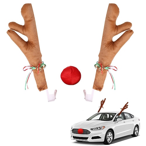 Weihnachtsauto Rentiergeweih Nase Weihnachtsdekorationen am besten für Fenster Dach Kühlergrill-Set mit Rudolph-Rentiermotiv – Dekorationsset für Auto-Urlaubszubehör, auch für SUV, Van, LKW