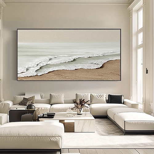 handgemaltes, minimalistisches Ozeangemälde auf Leinwand, 3D-Wandkunst mit Erdton, Meereswellen, Wandkunst, Wohnzimmergemälde, modische Raumdekoration, ohne Rahmen Image