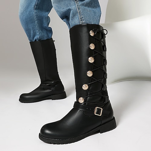 Schwarze kniehohe Herrenstiefel mit goldenen Knopfdetails – elegant und stilvoll, ideal für halbformelle und trendige Anlässe Image