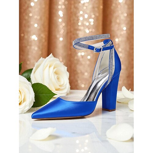 Salbeigrüne Brautjungfernschuhe für Damen – elegante Satinpumps mit spitzer Zehenpartie, Blockabsatz und Knöchelriemen für die Brautgesellschaft Image