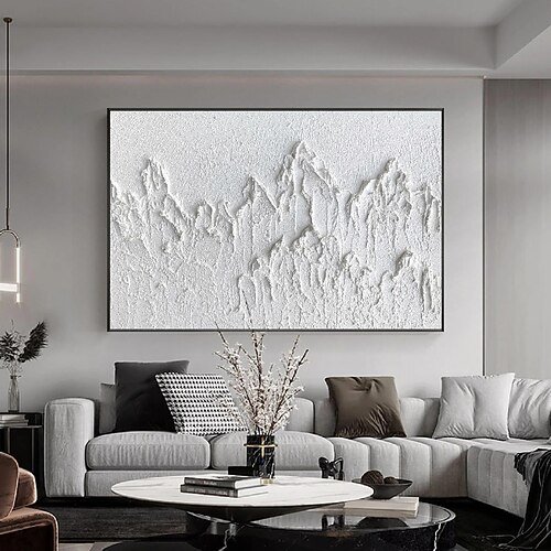 3D-Ölgemälde in Weiß, handgefertigt, 3D-Ölgemälde „Weißer Berg" auf Leinwand, groß, handgemalt, strukturiert, mit Palettenmesser, Boho-Ölgemälde, Wandkunst, zeitgenössisches 3D-Weißkunstwerk für Image
